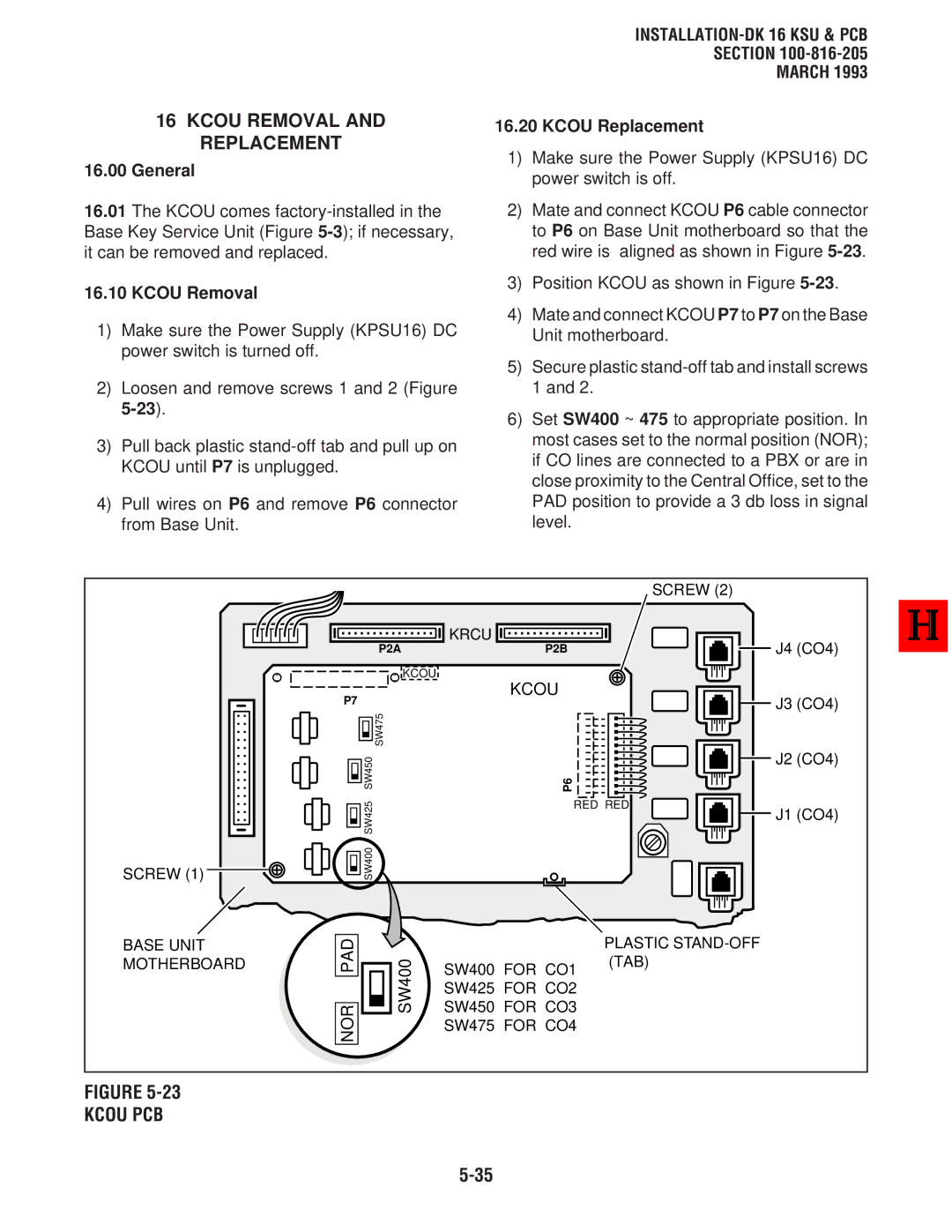 Toshiba DK8, DK 16 manual Kcou Removal and Replacement, Kcou PCB, Section March Kcou Replacement, Krcu 