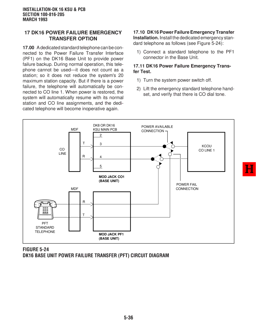 Toshiba DK 16 17 DK16 Power Failure Emergency Transfer Option, DK16 Base Unit Power Failure Transfer PFT Circuit Diagram 