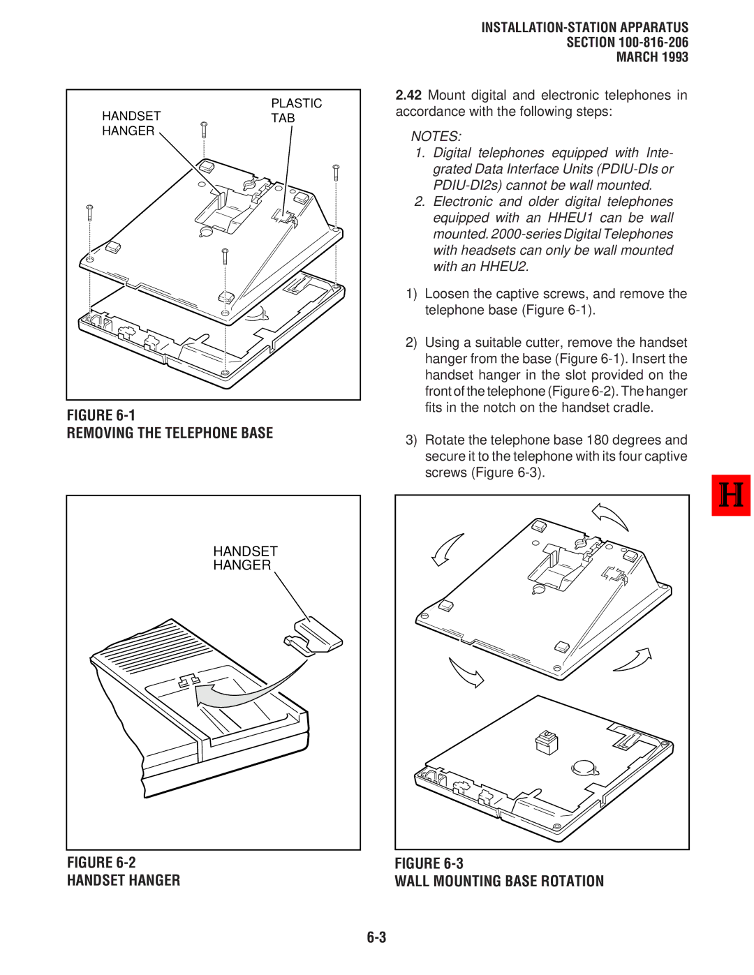 Toshiba DK8, DK 16 manual Removing the Telephone Base, Handset Hanger, Wall Mounting Base Rotation 