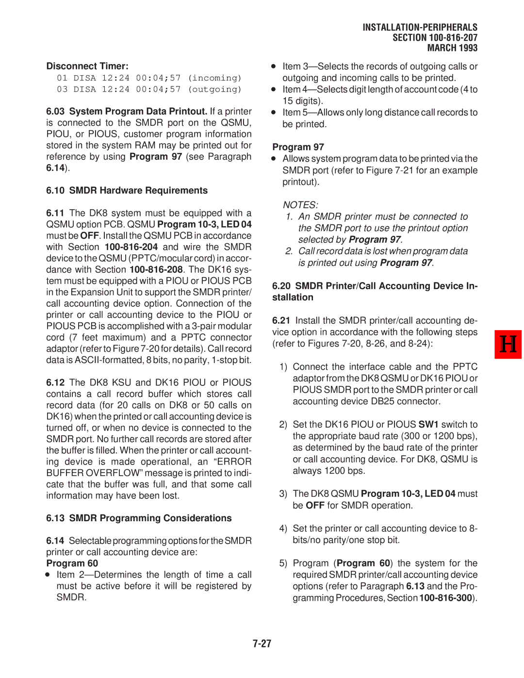 Toshiba DK8, DK 16 manual Disconnect Timer, Smdr Hardware Requirements, Smdr Programming Considerations 