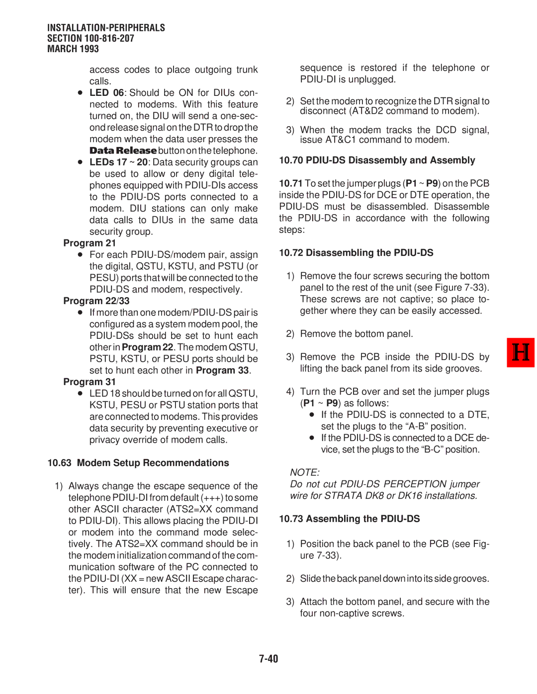 Toshiba DK 16, DK8 manual Program 22/33, Modem Setup Recommendations, Disassembling the PDIU-DS, Assembling the PDIU-DS 