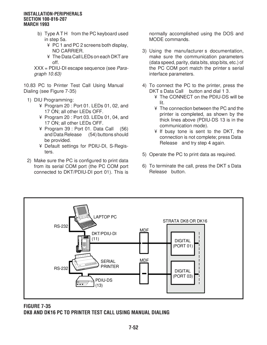 Toshiba DK 16 manual DK8 and DK16 PC to Printer Test Call Using Manual Dialing, Strata DK8 or DK16 MDF Digital 