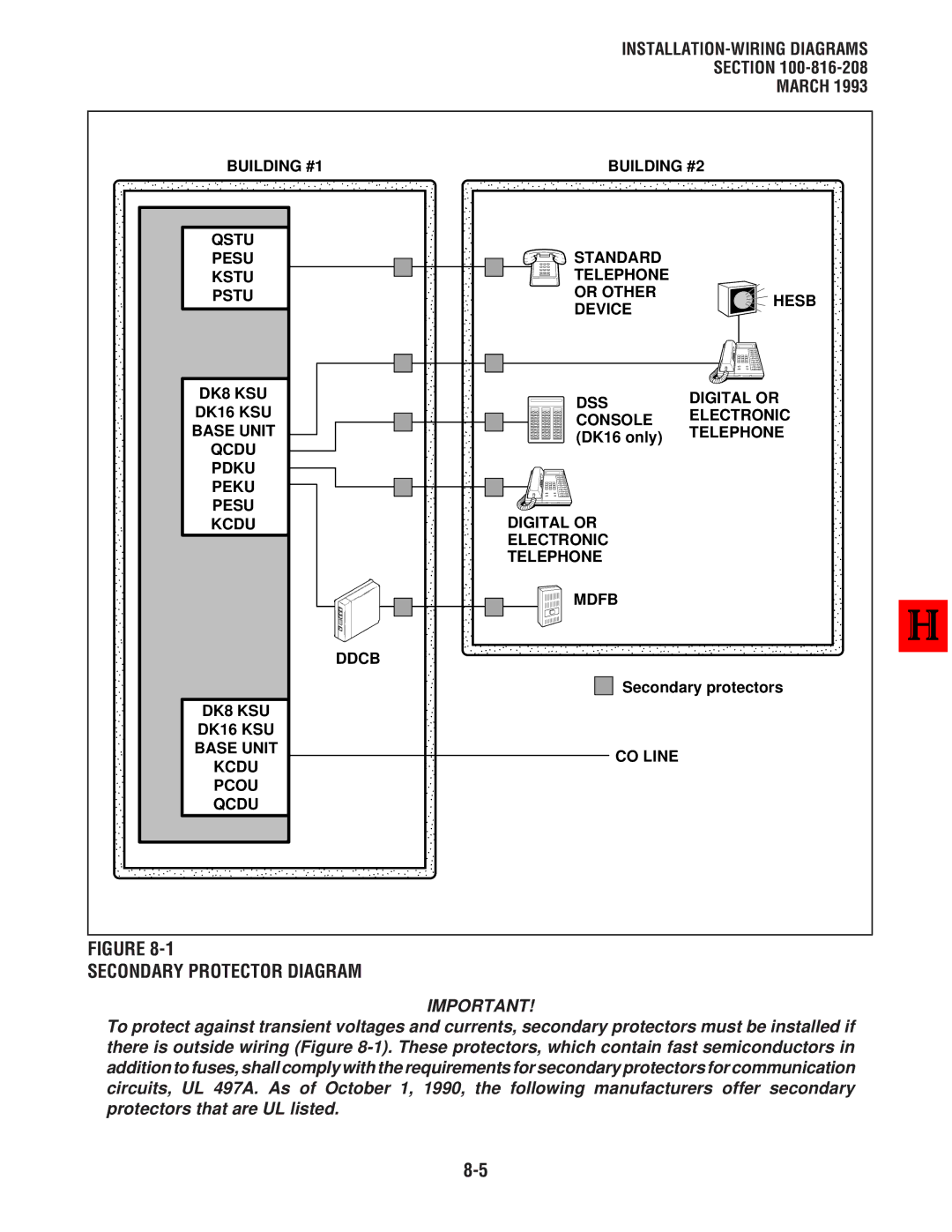 Toshiba DK8 Secondary Protector Diagram, INSTALLATION-WIRING Diagrams -816-208 March, Digital or Electronic Telephone Mdfb 