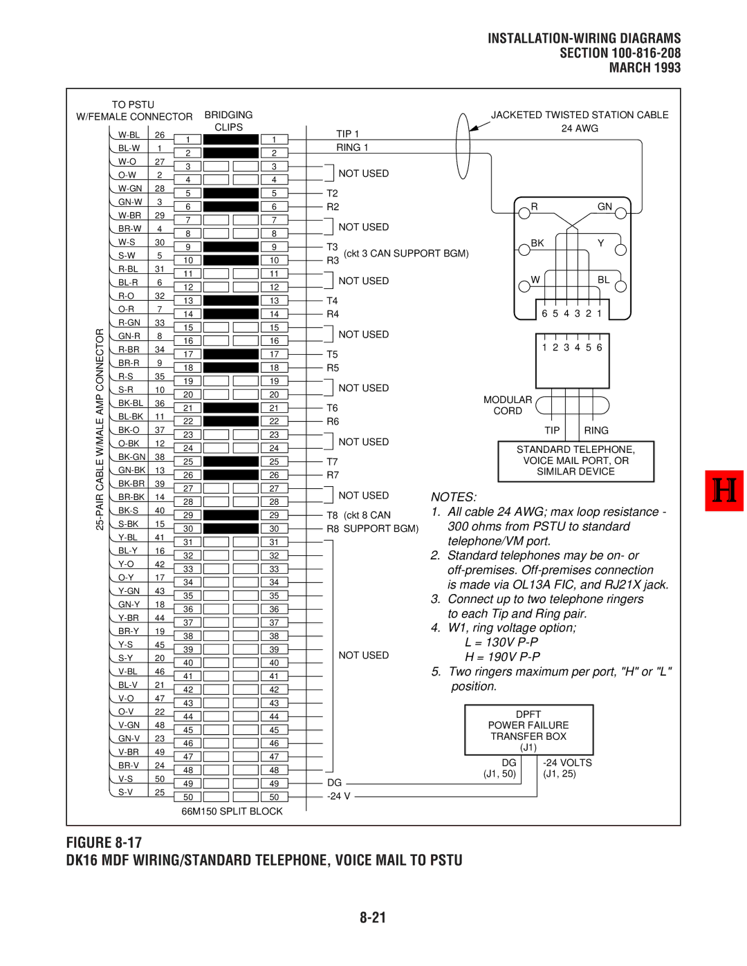 Toshiba DK8, DK 16 DK16 MDF WIRING/STANDARD TELEPHONE, Voice Mail to Pstu, W1, ring voltage option = 130V P-P = 190V P-P 