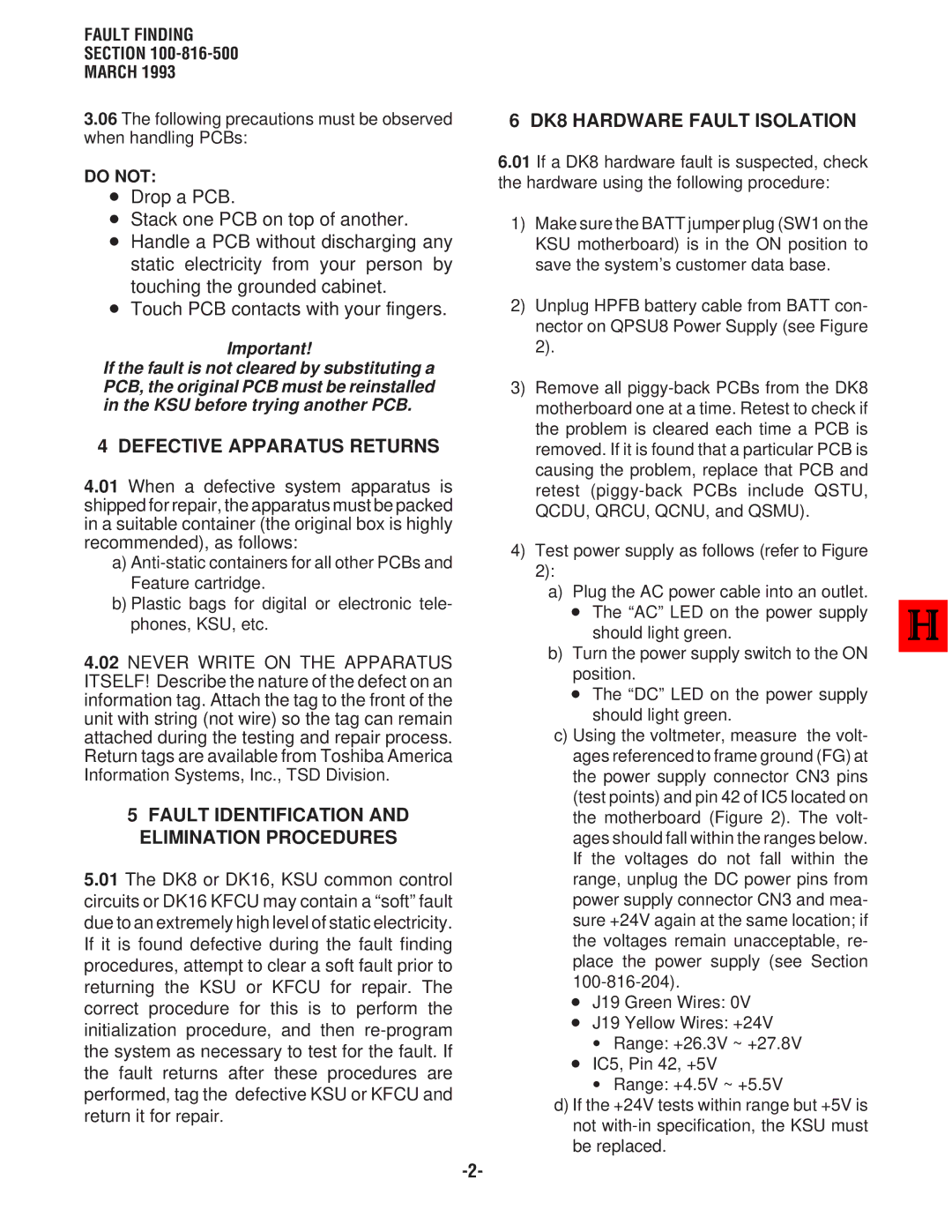 Toshiba DK 16 Defective Apparatus Returns, Fault Identification and Elimination Procedures, DK8 Hardware Fault Isolation 