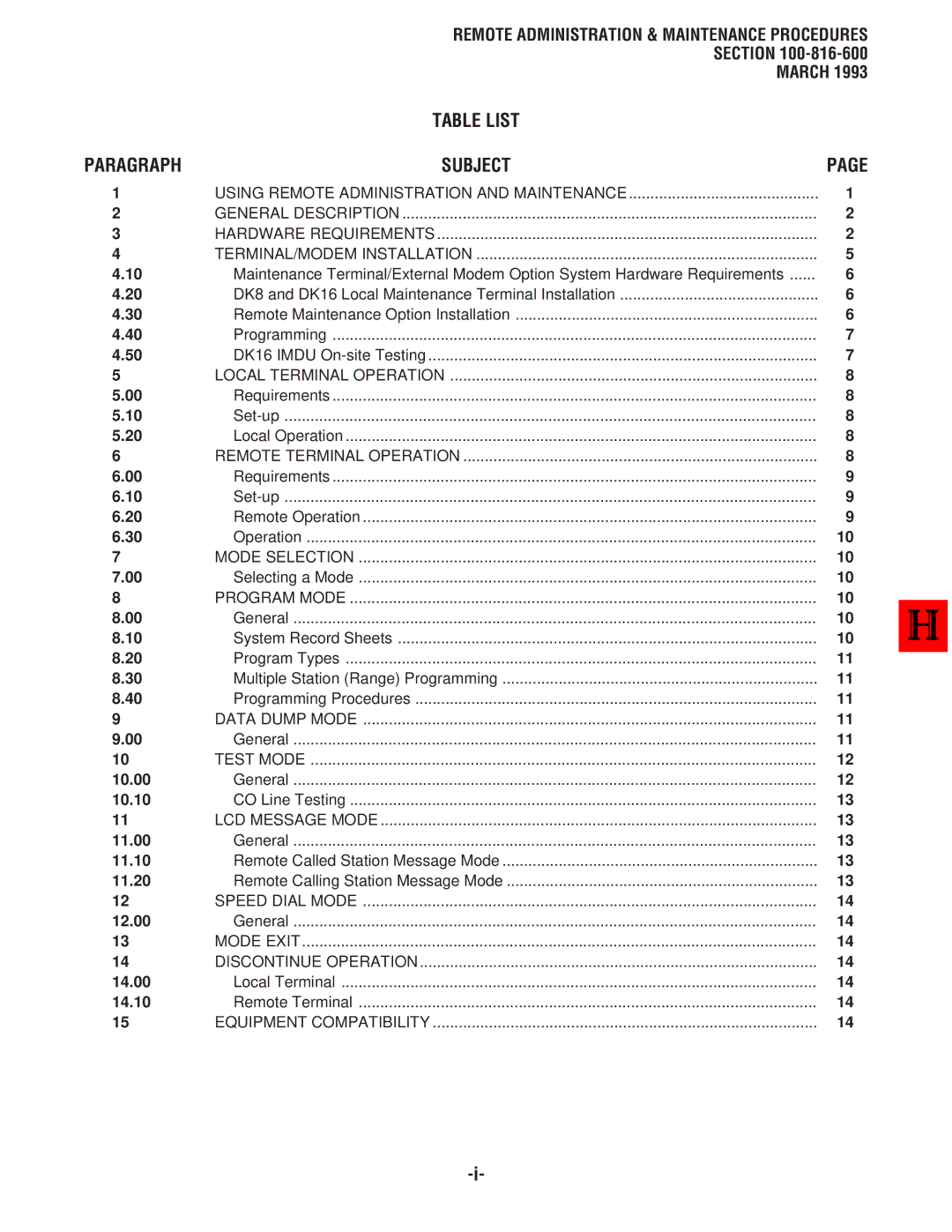 Toshiba DK8, DK 16 manual Table List Paragraph Subject, Remote Administration & Maintenance Procedures 