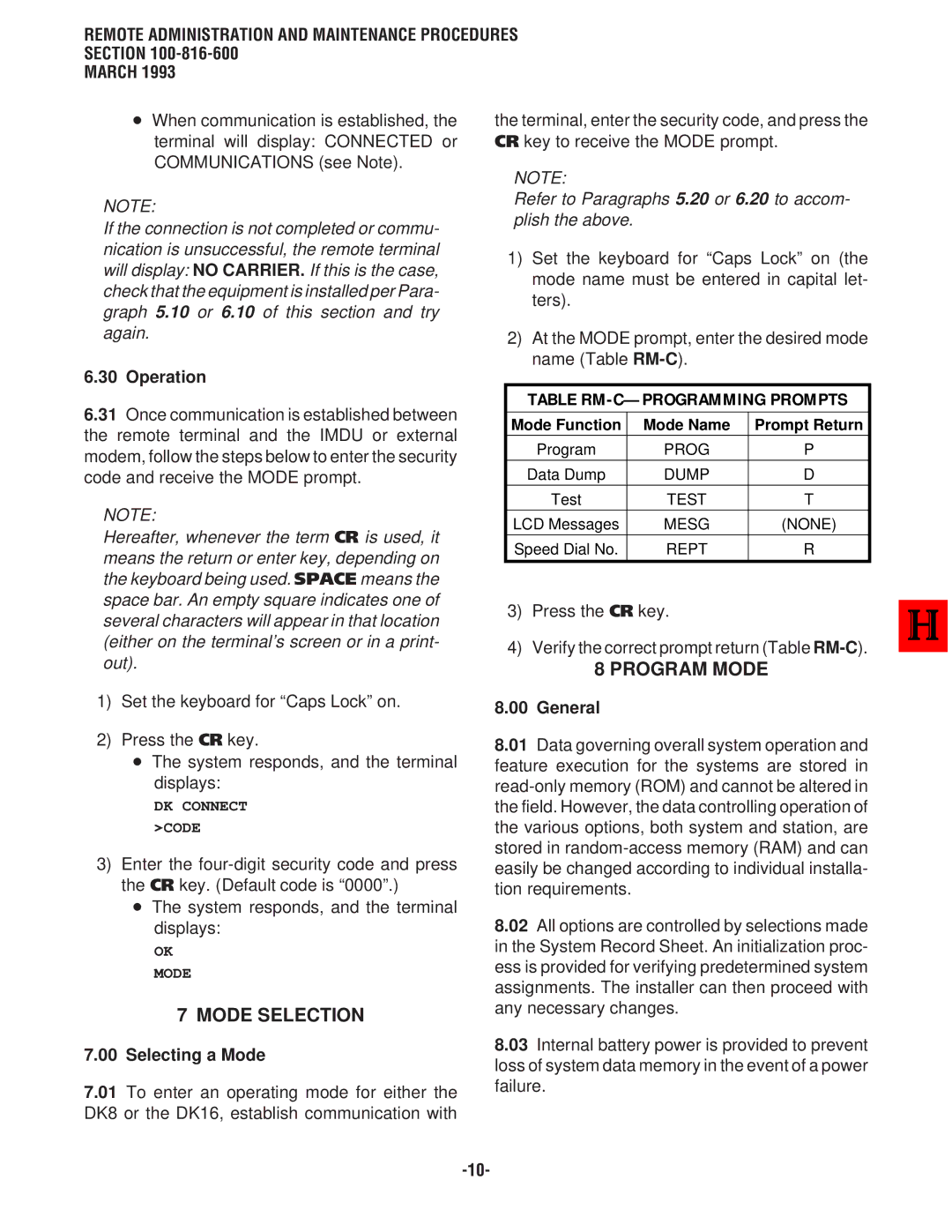 Toshiba DK 16, DK8 manual Mode Selection, Table RM-C-PROGRAMMING Prompts, Program Mode, Operation, Selecting a Mode 