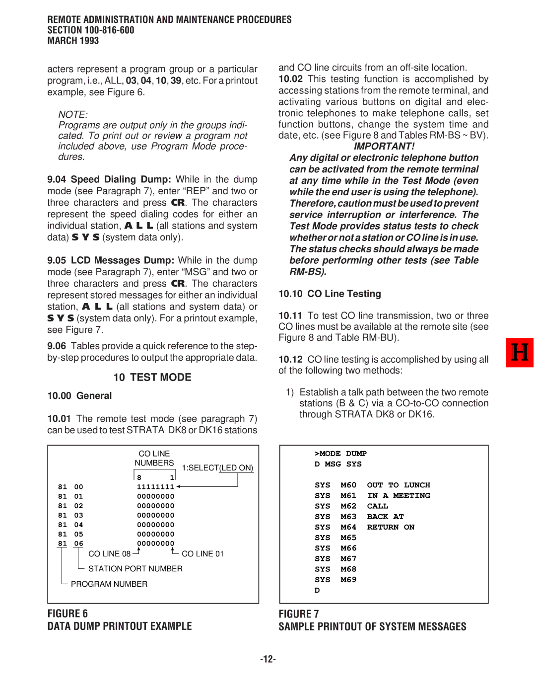 Toshiba DK 16, DK8 manual Test Mode, Data Dump Printout Example, CO Line Testing, Sample Printout of System Messages 