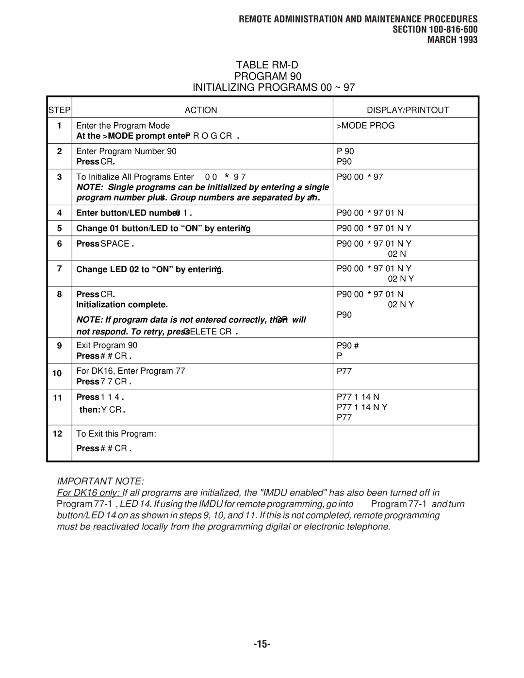 Toshiba DK8, DK 16 Enter the Program Mode, Enter Program Number, To Initialize All Programs Enter 0 0 * 9, Exit Program 