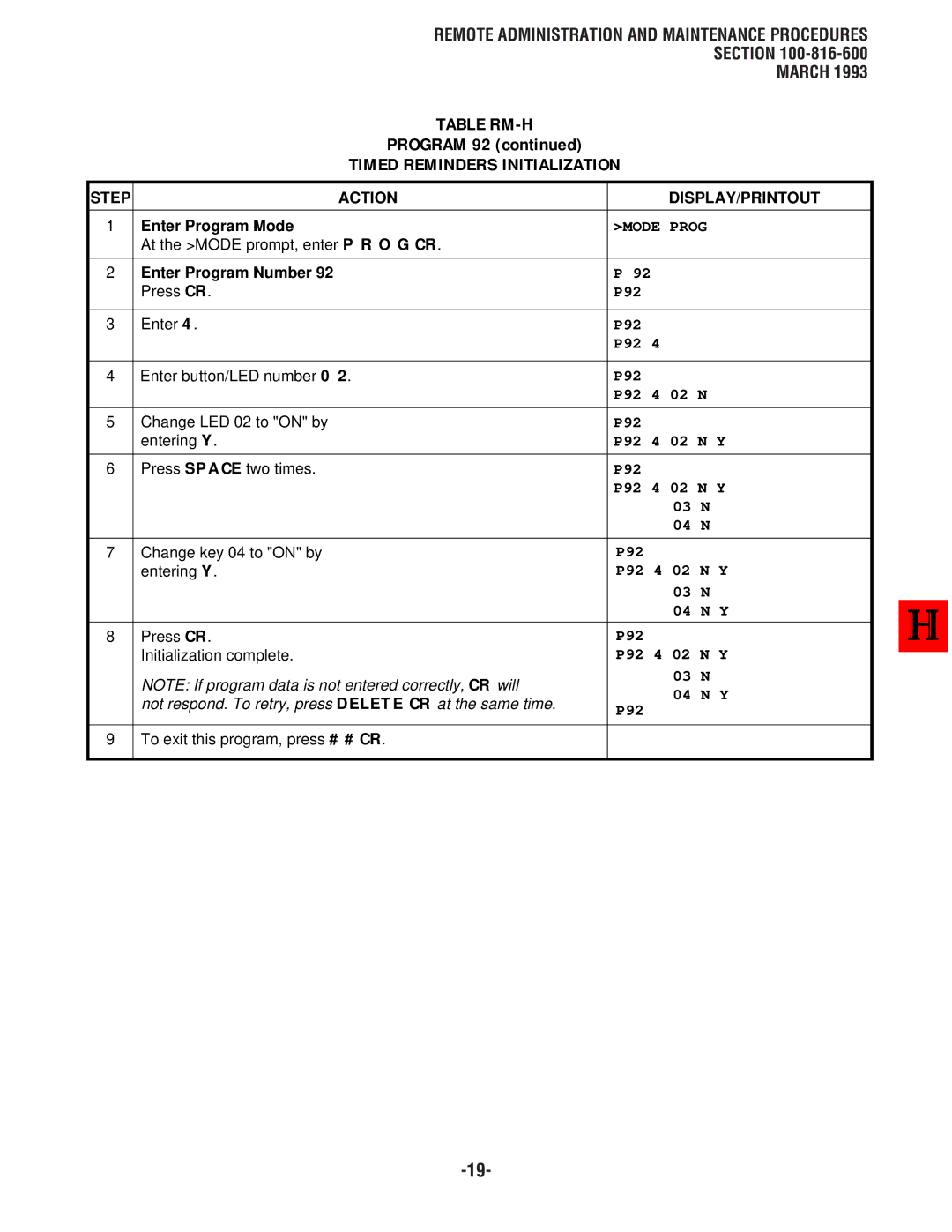 Toshiba DK8, DK 16 manual Table RM-H, Timed Reminders Initialization Step Action DISPLAY/PRINTOUT 