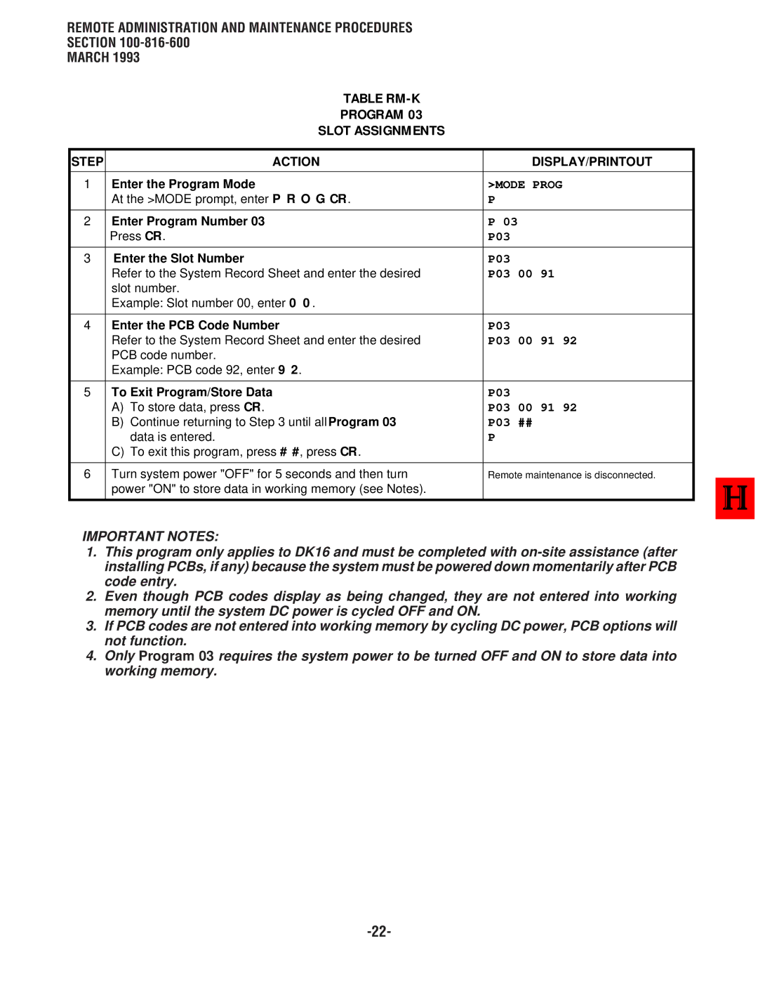 Toshiba DK 16, DK8 manual Table RM-K Program Slot Assignments, Enter the Slot Number, Enter the PCB Code Number 