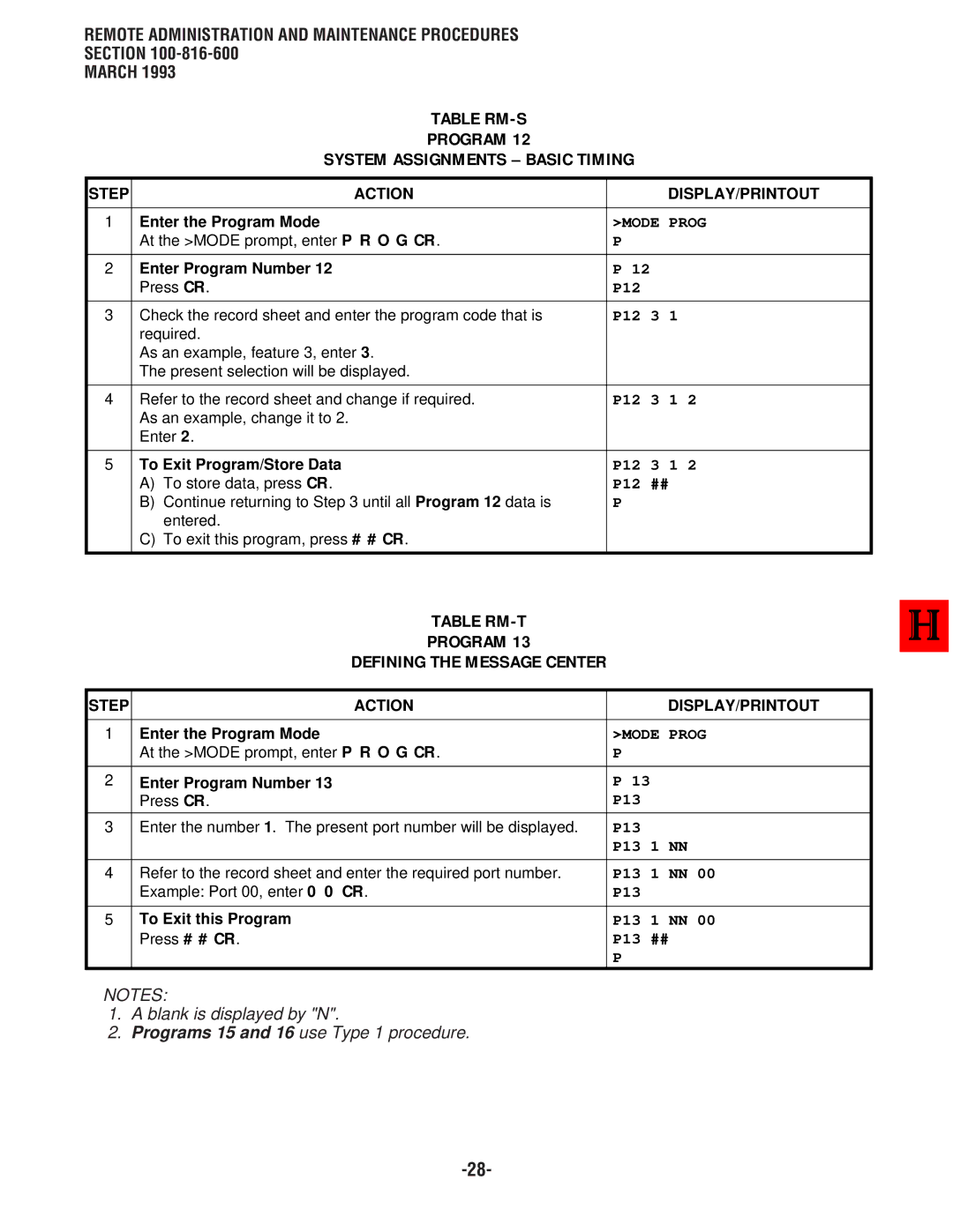 Toshiba DK 16, DK8 manual Table RM-S Program System Assignments Basic Timing, Table RM-T Program Defining the Message Center 