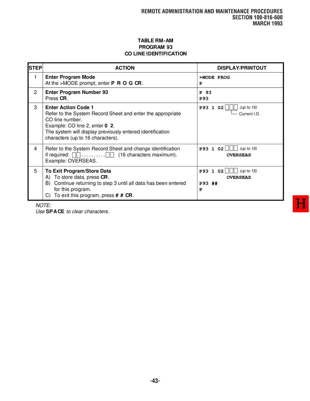 Toshiba DK8, DK 16 manual Table RM-AM Program CO Line Identification, P93, Enter Action Code 