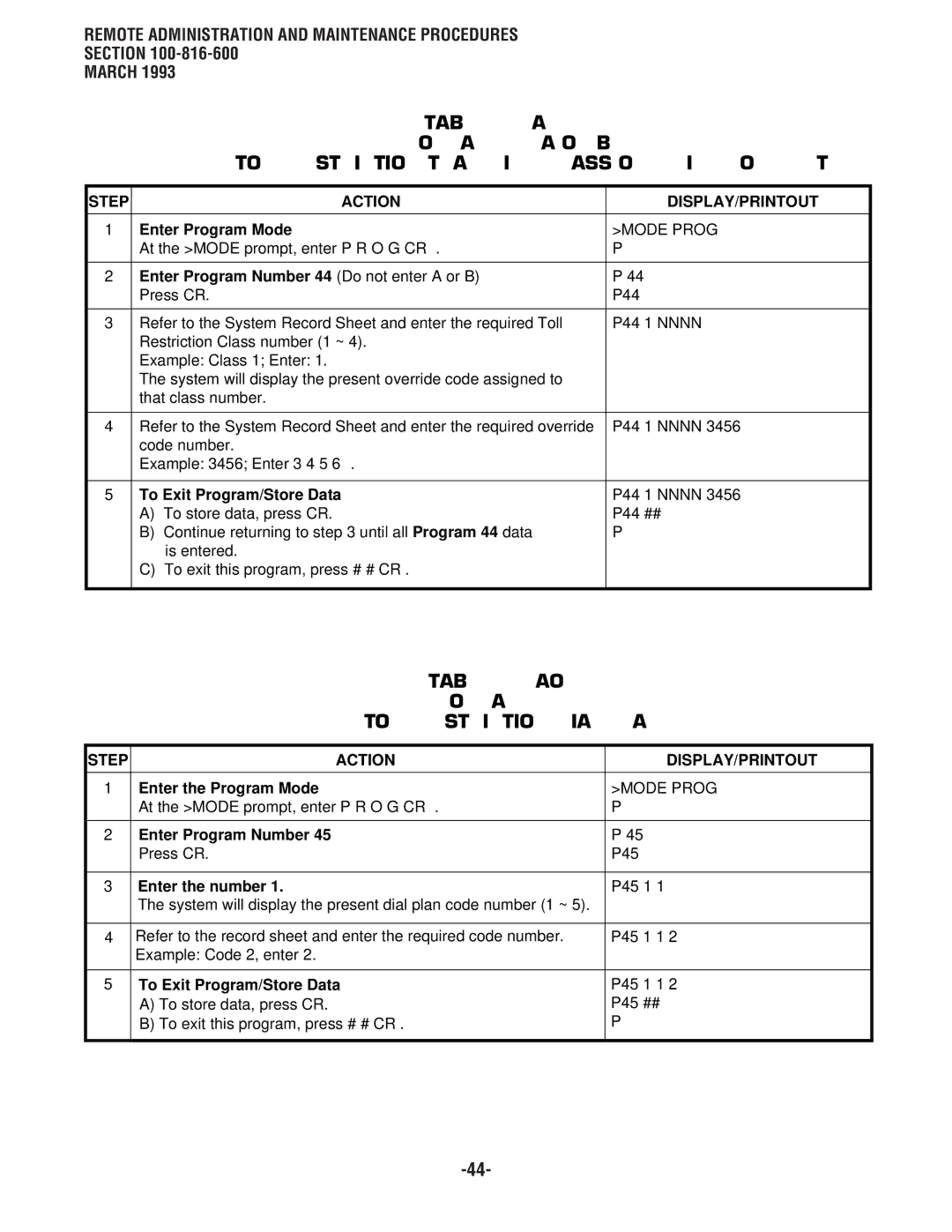 Toshiba DK 16, DK8 manual Table RM-AO Program Toll Restriction Dial Plan, Enter Program Number 44 Do not enter a or B 