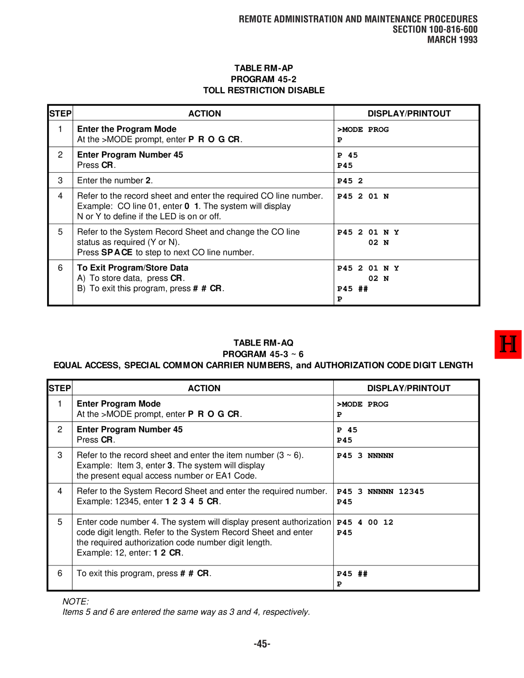 Toshiba DK8, DK 16 manual Table RM-AQ, P45 01 N Y, P45 Nnnnn 