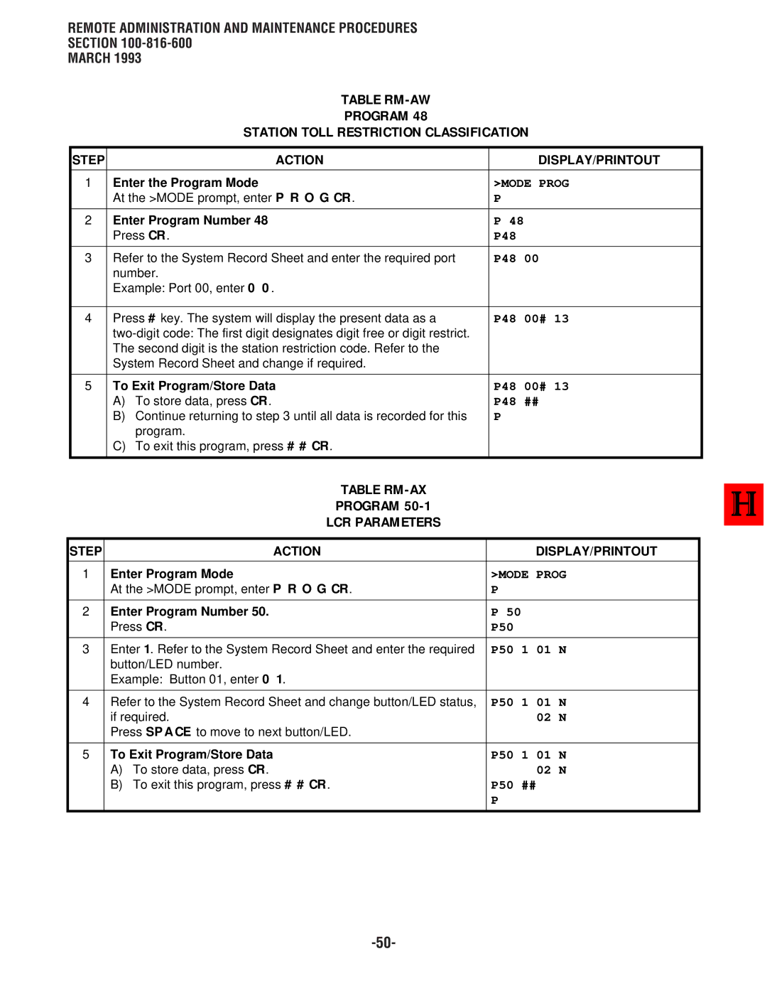 Toshiba DK 16, DK8 manual Table RM-AW Program Station Toll Restriction Classification, Table RM-AX Program LCR Parameters 