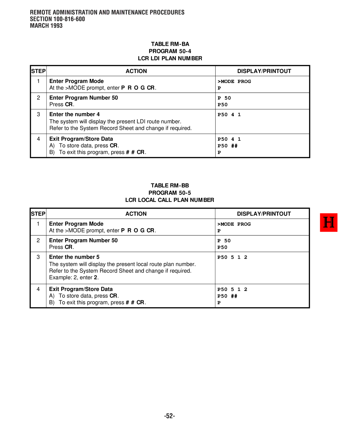 Toshiba DK 16, DK8 manual Table RM-BA Program LCR LDI Plan Number, Table RM-BB Program LCR Local Call Plan Number 