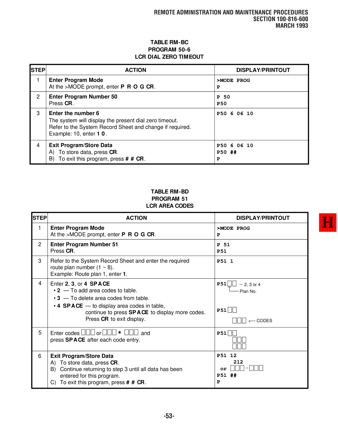 Toshiba DK8, DK 16 manual Table RM-BD Program LCR Area Codes, P51, 212 