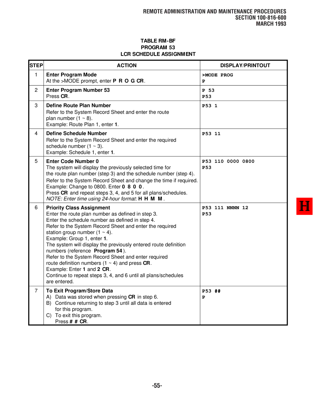 Toshiba DK8, DK 16 manual Table RM-BF Program LCR Schedule Assignment, Define Schedule Number, Enter Code Number 