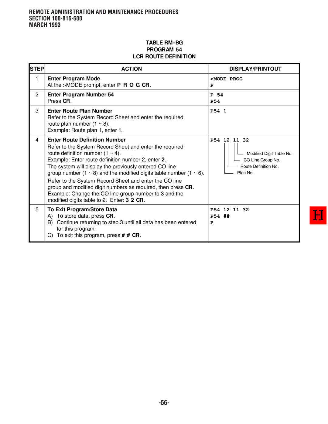 Toshiba DK 16, DK8 Table RM-BG Program LCR Route Definition, P54, Enter Route Plan Number, Enter Route Definition Number 