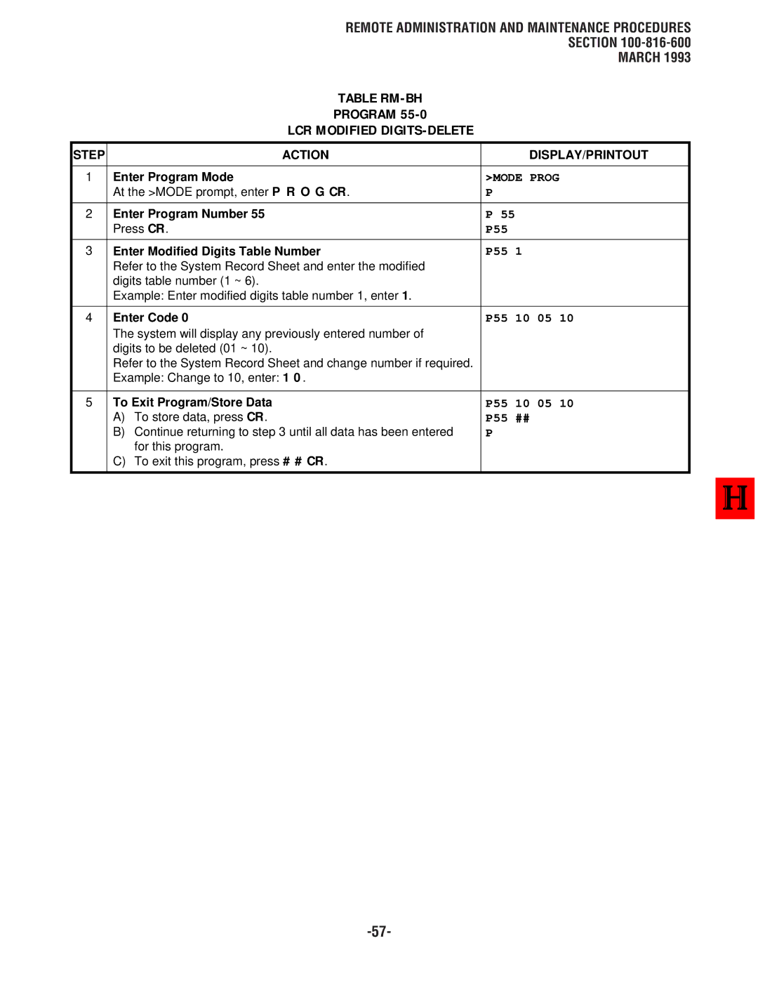 Toshiba DK8, DK 16 manual Enter Modified Digits Table Number, Enter Code, P55 10 05, P55 ## 