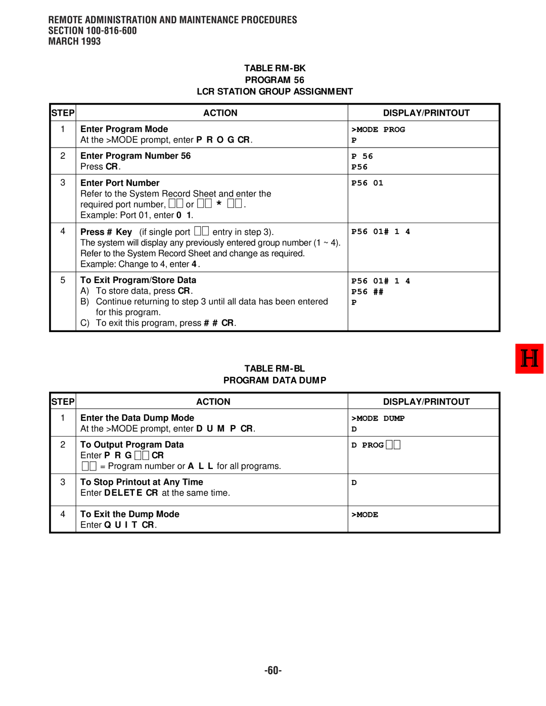 Toshiba DK 16, DK8 manual Table RM-BK Program LCR Station Group Assignment, Table RM-BL Program Data Dump 