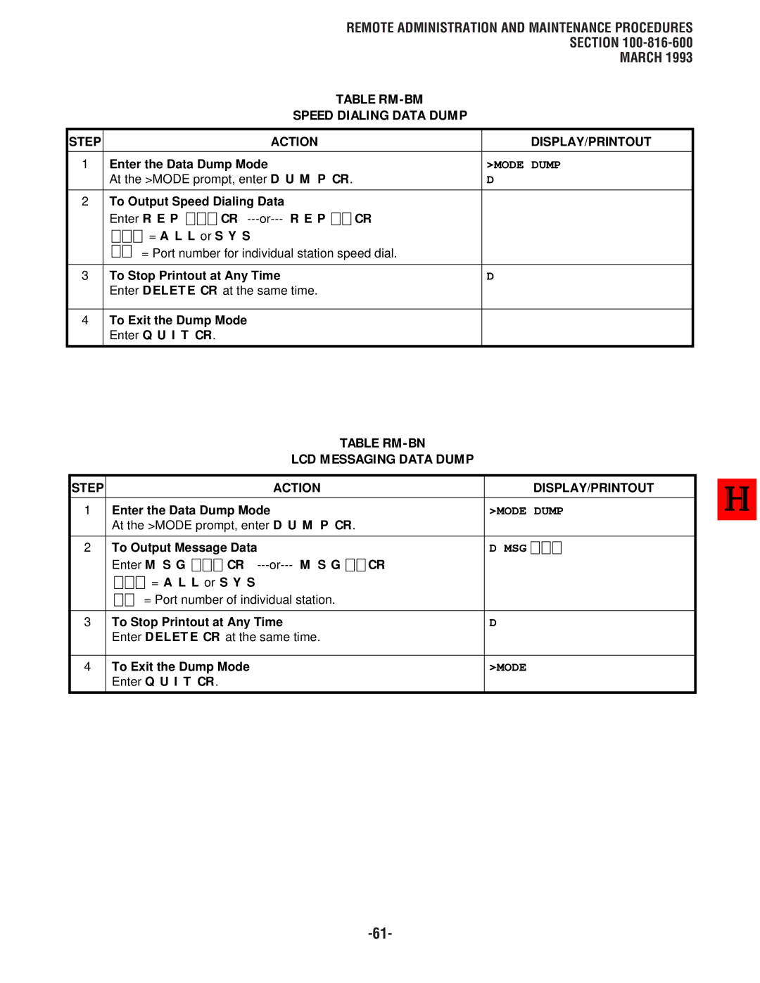 Toshiba DK8, DK 16 Table RM-BM Speed Dialing Data Dump, Table RM-BN LCD Messaging Data Dump, To Output Speed Dialing Data 