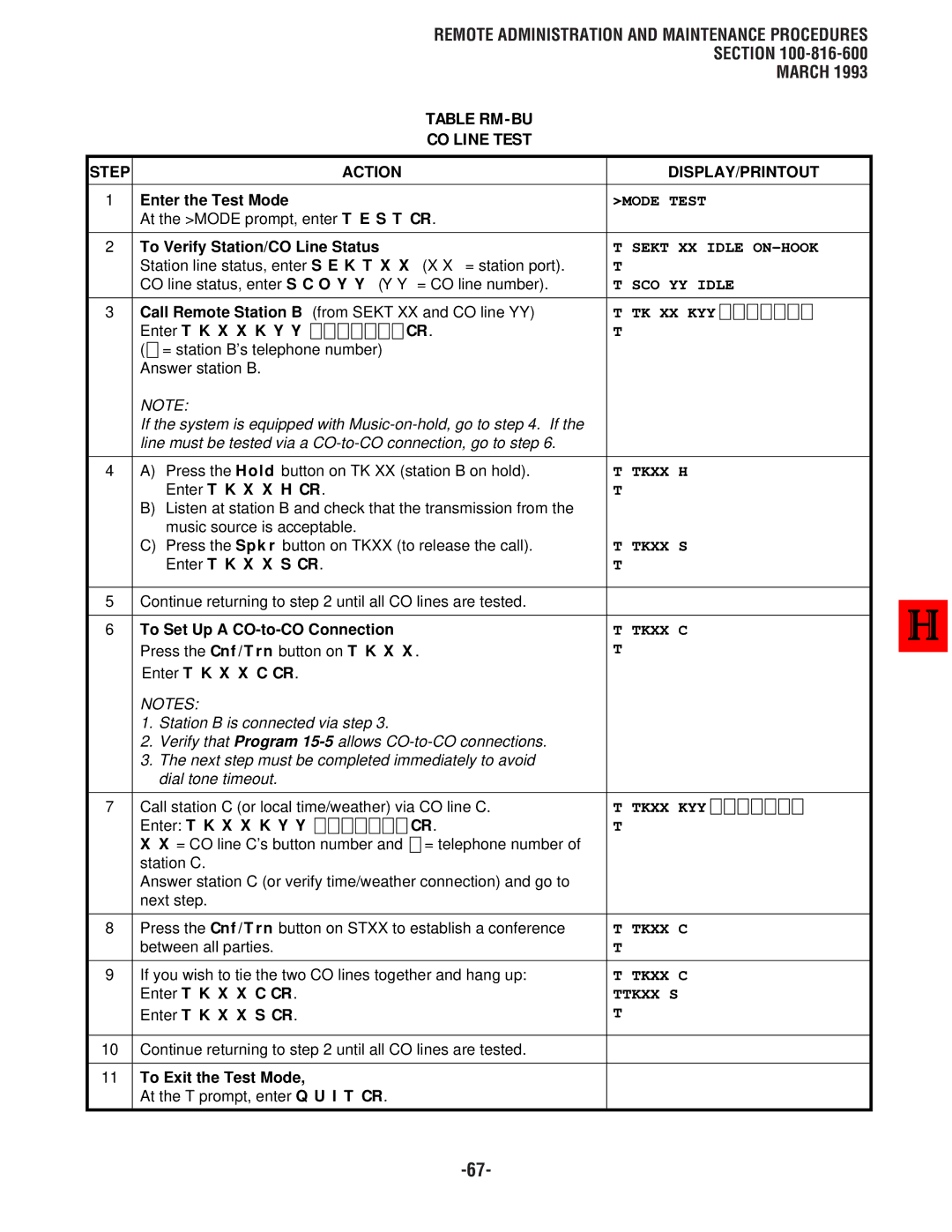 Toshiba DK8, DK 16 manual Table RM-BU CO Line Test, To Verify Station/CO Line Status, To Set Up a CO-to-CO Connection 