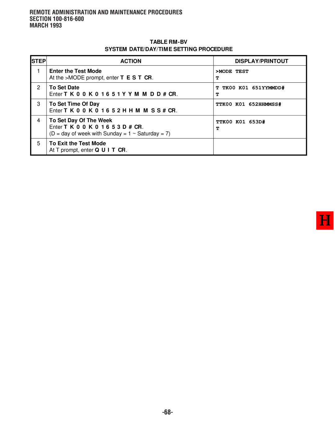 Toshiba DK 16 Table RM-BV System DATE/DAY/TIME Setting Procedure, To Set Date, TK00 K01 651YYMMDD#, TTK00 K01 652HHMMSS# 