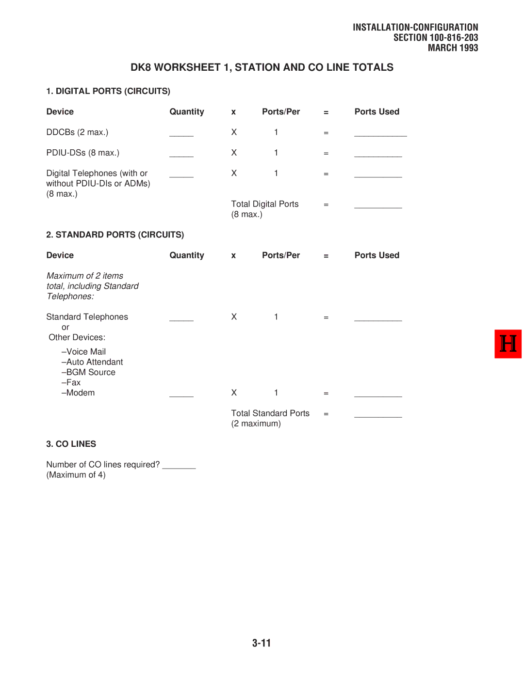 Toshiba manual DK8 Worksheet 1, Station and CO Line Totals, Digital Ports Circuits, Device Quantity Ports/Per Ports Used 