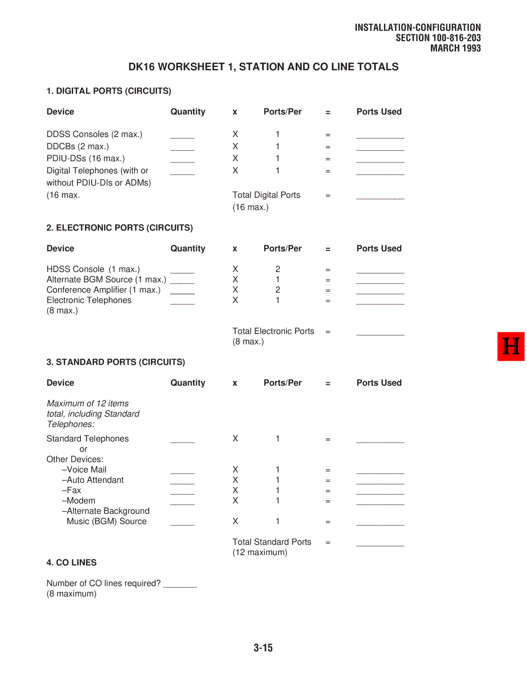 Toshiba DK8, DK 16 manual DK16 Worksheet 1, Station and CO Line Totals, Electronic Ports Circuits 