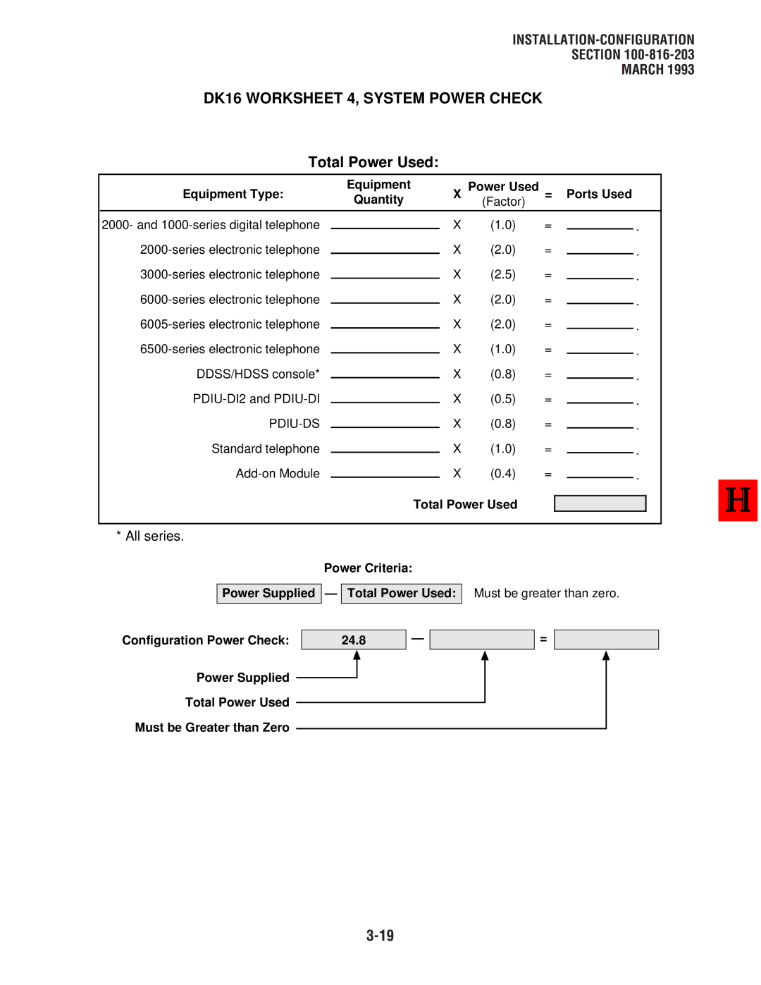 Toshiba DK8, DK 16 DK16 Worksheet 4, System Power Check, Equipment Type Power Used Ports Used Quantity, Total Power Used 