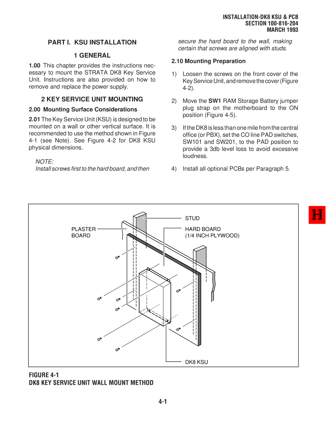 Toshiba DK 16 manual Part I. KSU Installation General, KEY Service Unit Mounting, DK8 KEY Service Unit Wall Mount Method 