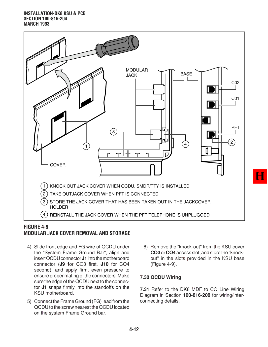 Toshiba DK 16, DK8 manual Qcdu Wiring, Modular Jack Cover Removal and Storage 