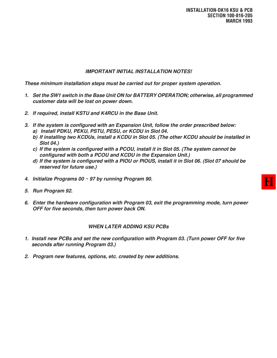 Toshiba DK 16, DK8 manual Important Initial Installation Notes 