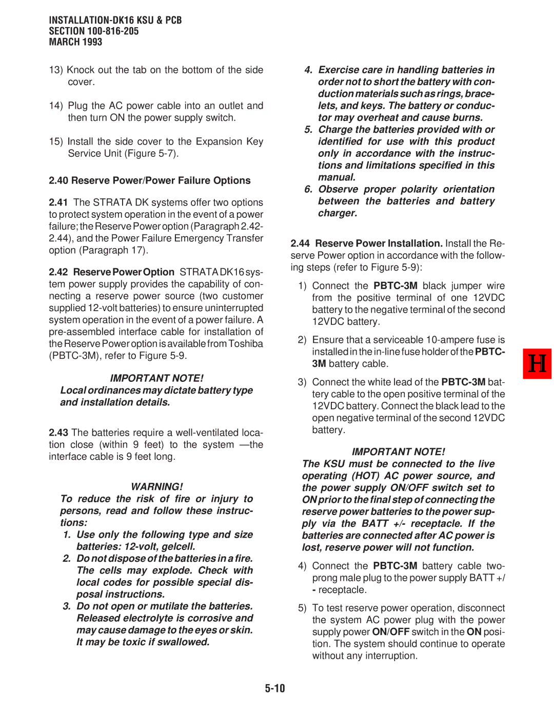 Toshiba DK 16, DK8 manual Reserve Power/Power Failure Options, Important Note 