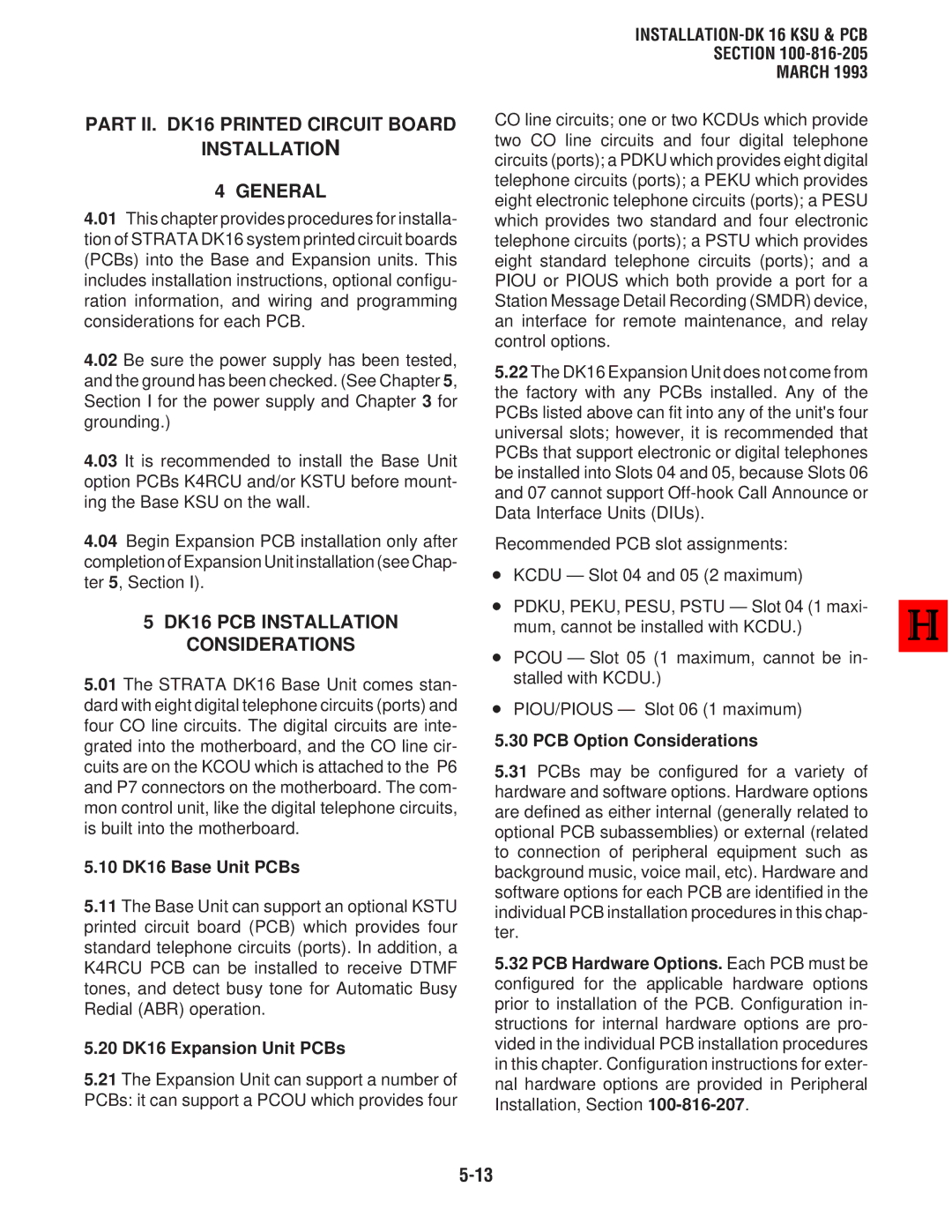 Toshiba DK8, DK 16 manual Part II. DK16 Printed Circuit Board Installation General, DK16 PCB Installation Considerations 