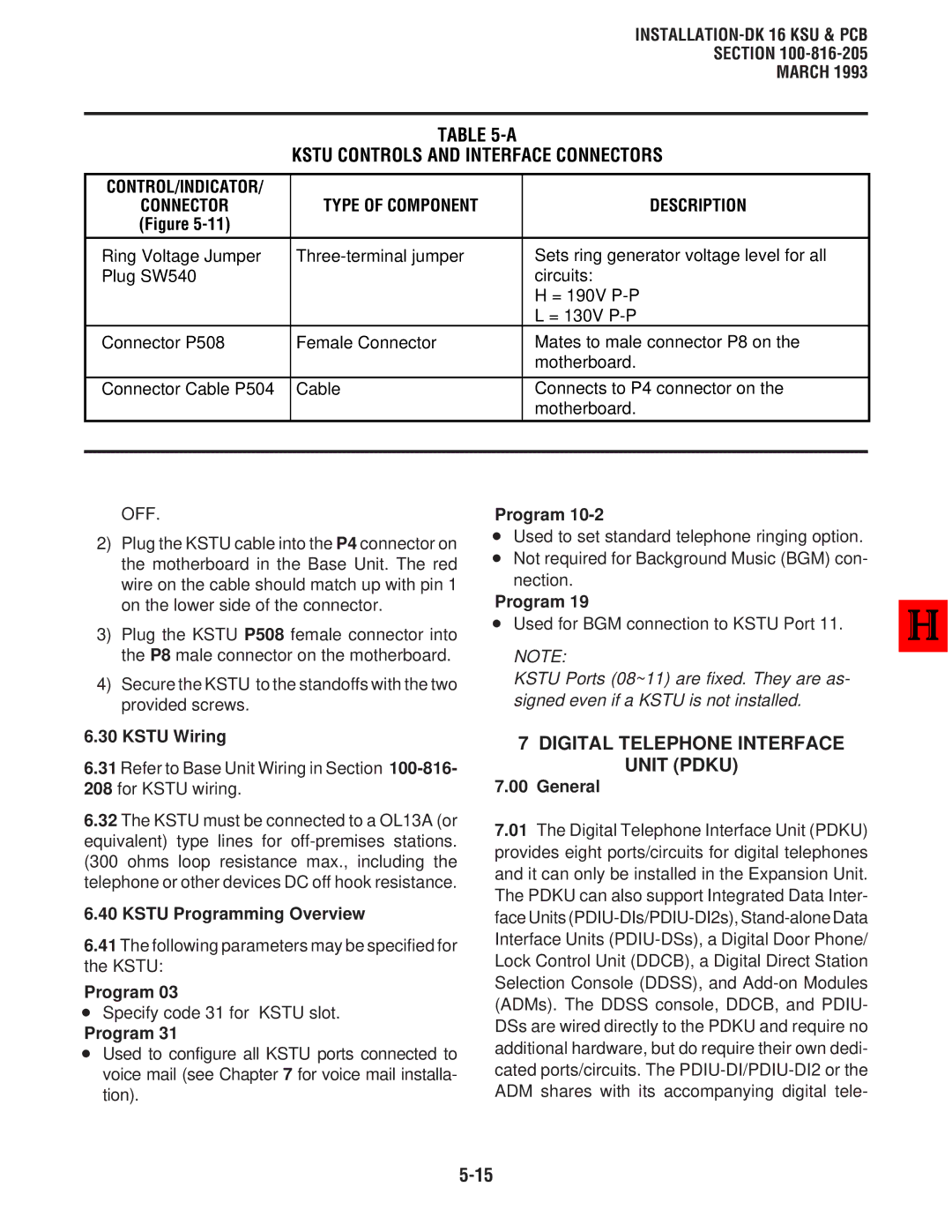 Toshiba DK8 Digital Telephone Interface Unit Pdku, Type of Component Description, Kstu Wiring, Kstu Programming Overview 