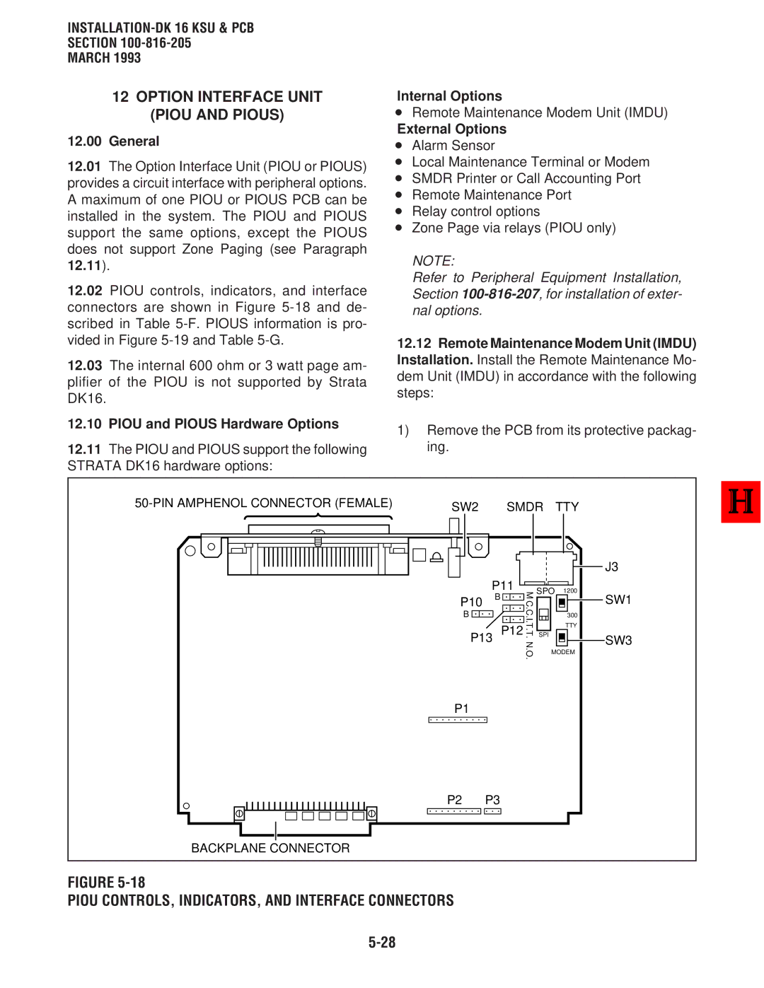 Toshiba DK 16, DK8 manual Option Interface Unit Piou and Pious, Piou CONTROLS, INDICATORS, and Interface Connectors 