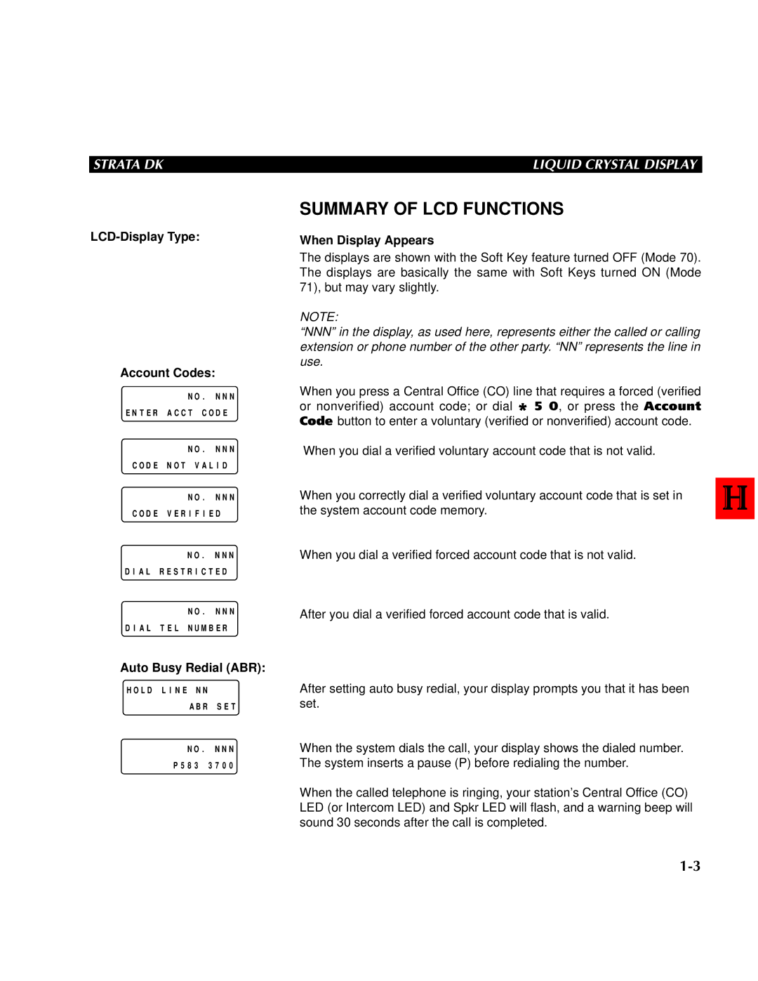 Toshiba DK 56, DK 96 Summary of LCD Functions, LCD-Display Type Account Codes, Auto Busy Redial ABR, When Display Appears 