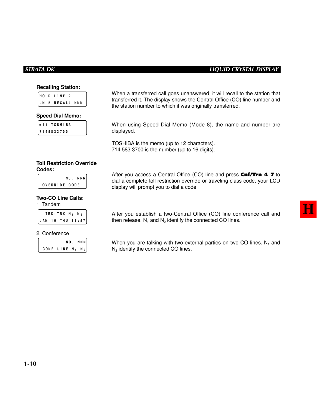 Toshiba DK 24,DK 56, DK 96 manual Recalling Station, Speed Dial Memo, Toll Restriction Override Codes, Two-CO Line Calls 