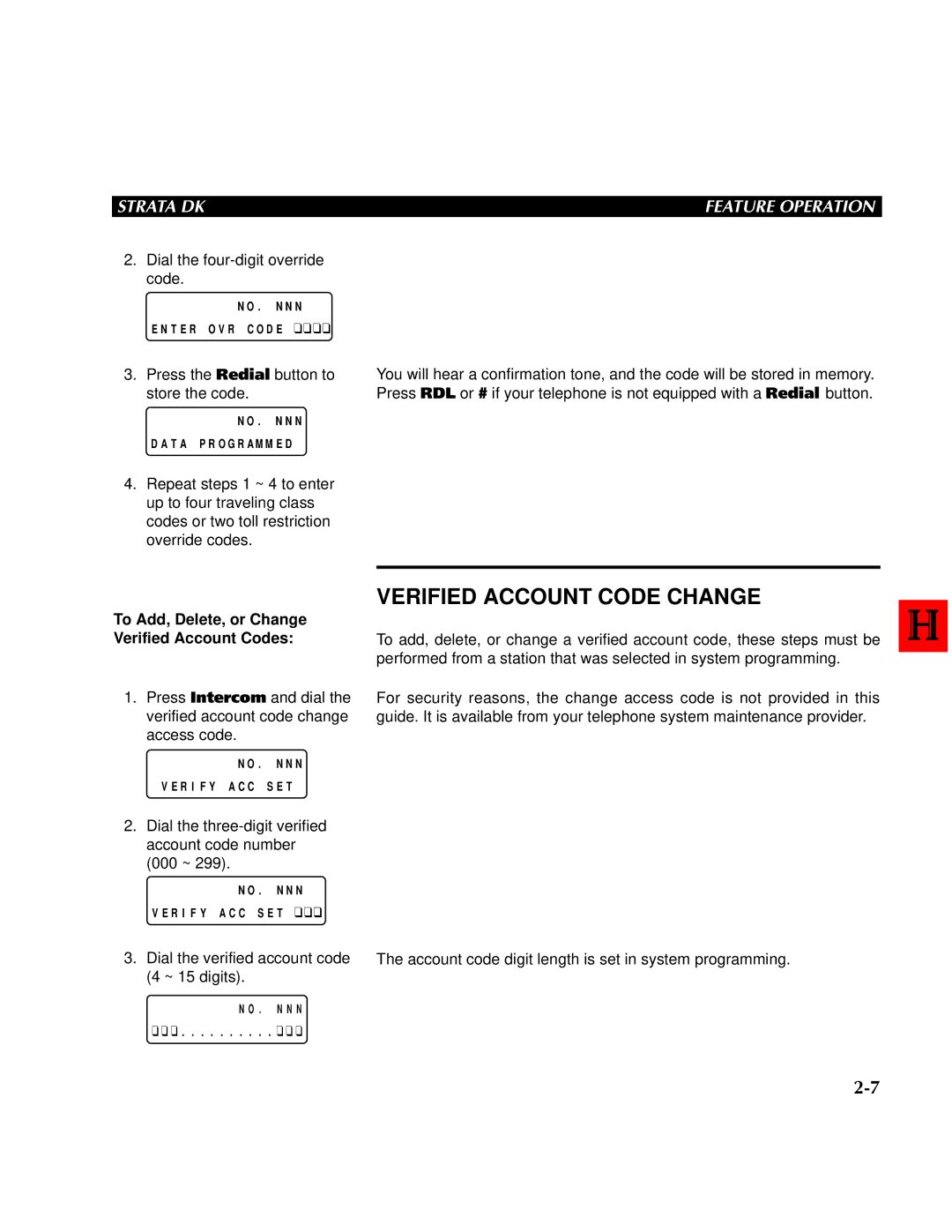 Toshiba DK 96 manual Verified Account Code Change, N N N T E R O V R code, To Add, Delete, or Change Verified Account Codes 