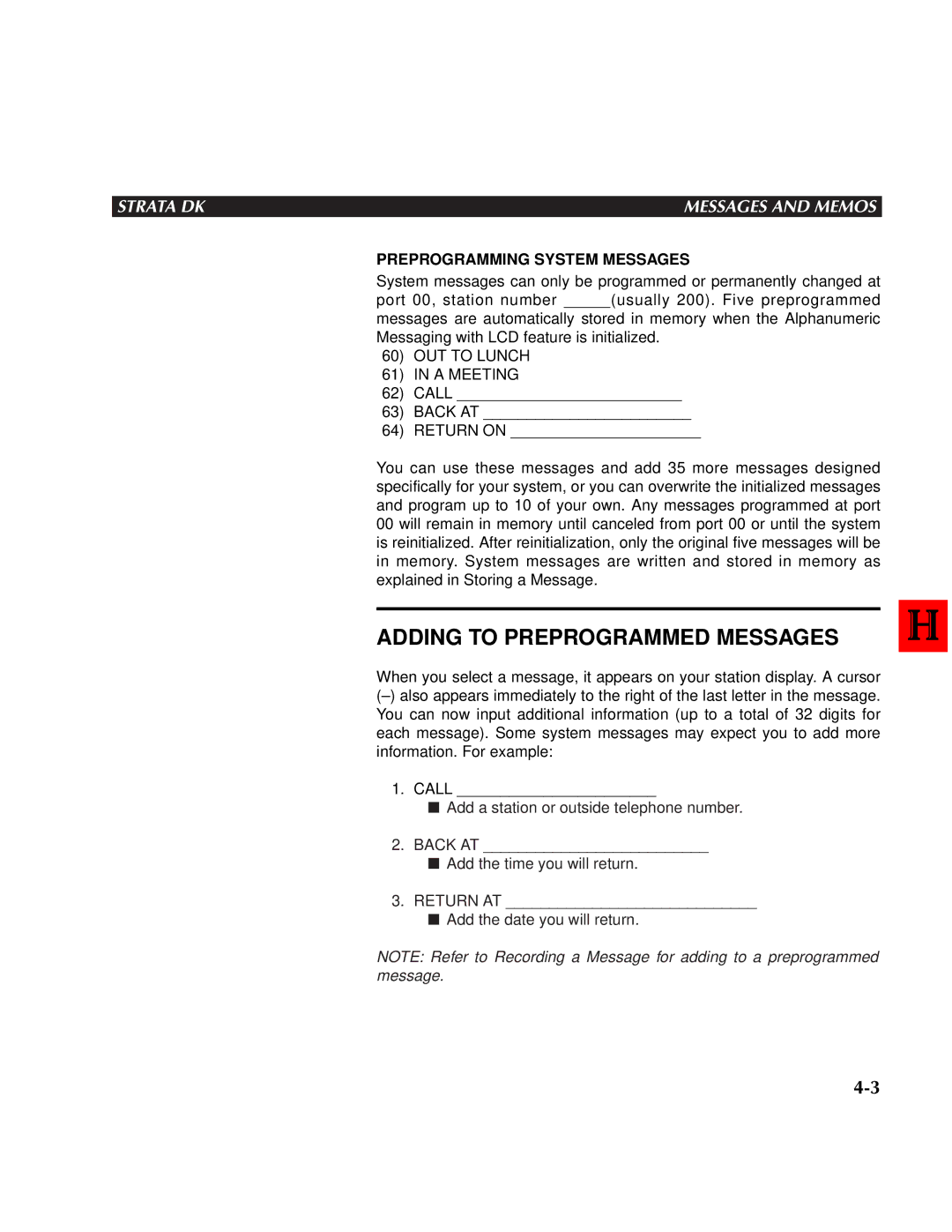 Toshiba DK 24,DK 56, DK 96 manual Adding to Preprogrammed Messages, Preprogramming System Messages 