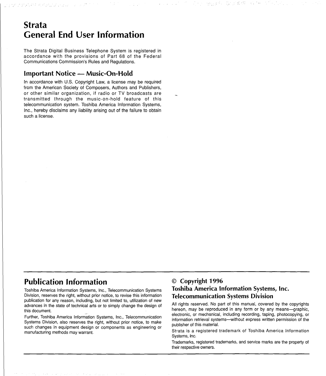 Toshiba DK 280 manual Publication Information, Music-On-Hold 