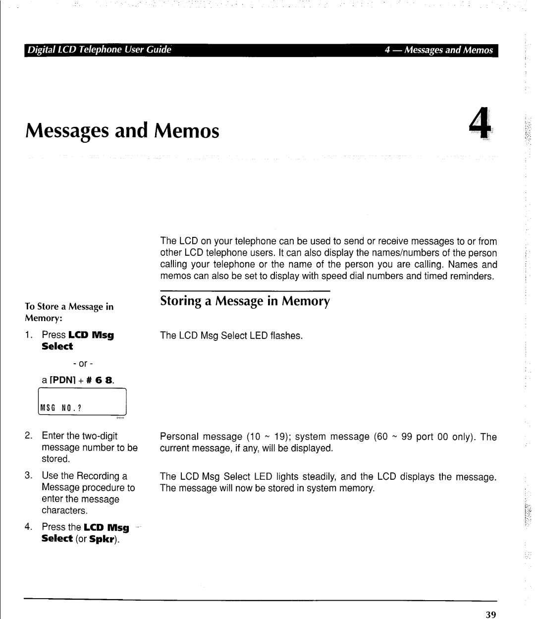 Toshiba DK 280 manual Messages and Memos, Storing a Message in Memory 