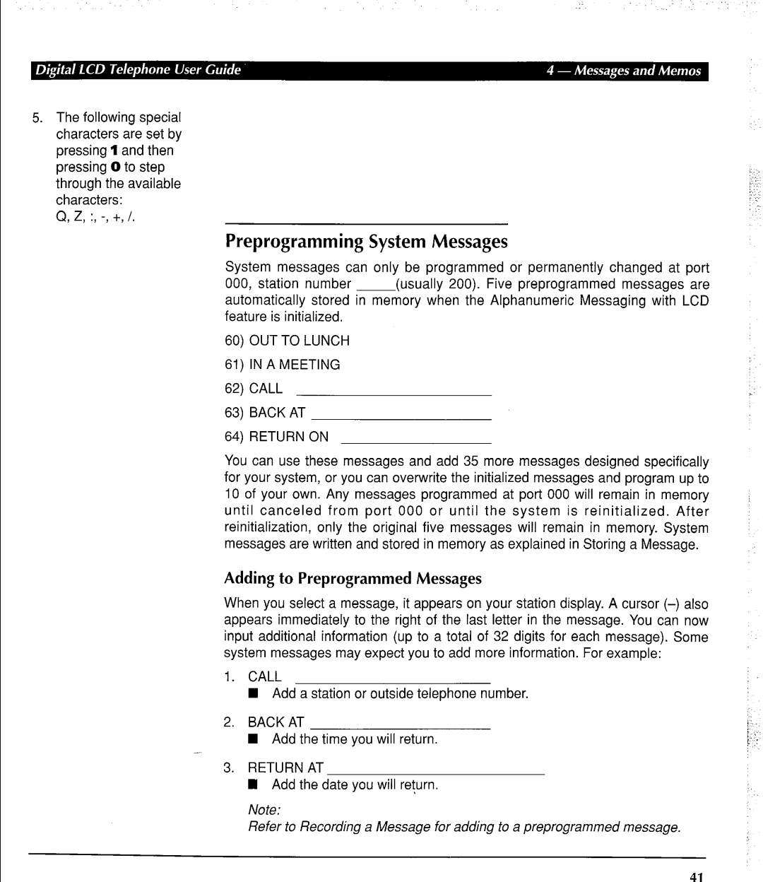 Toshiba DK 280 manual Preprogramming System Messages, Adding to Preprogrammed Messages 