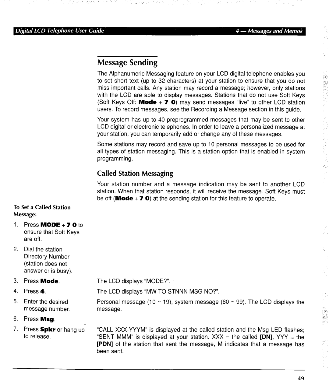 Toshiba DK 280 manual Message Sending, Called Station Messaging 