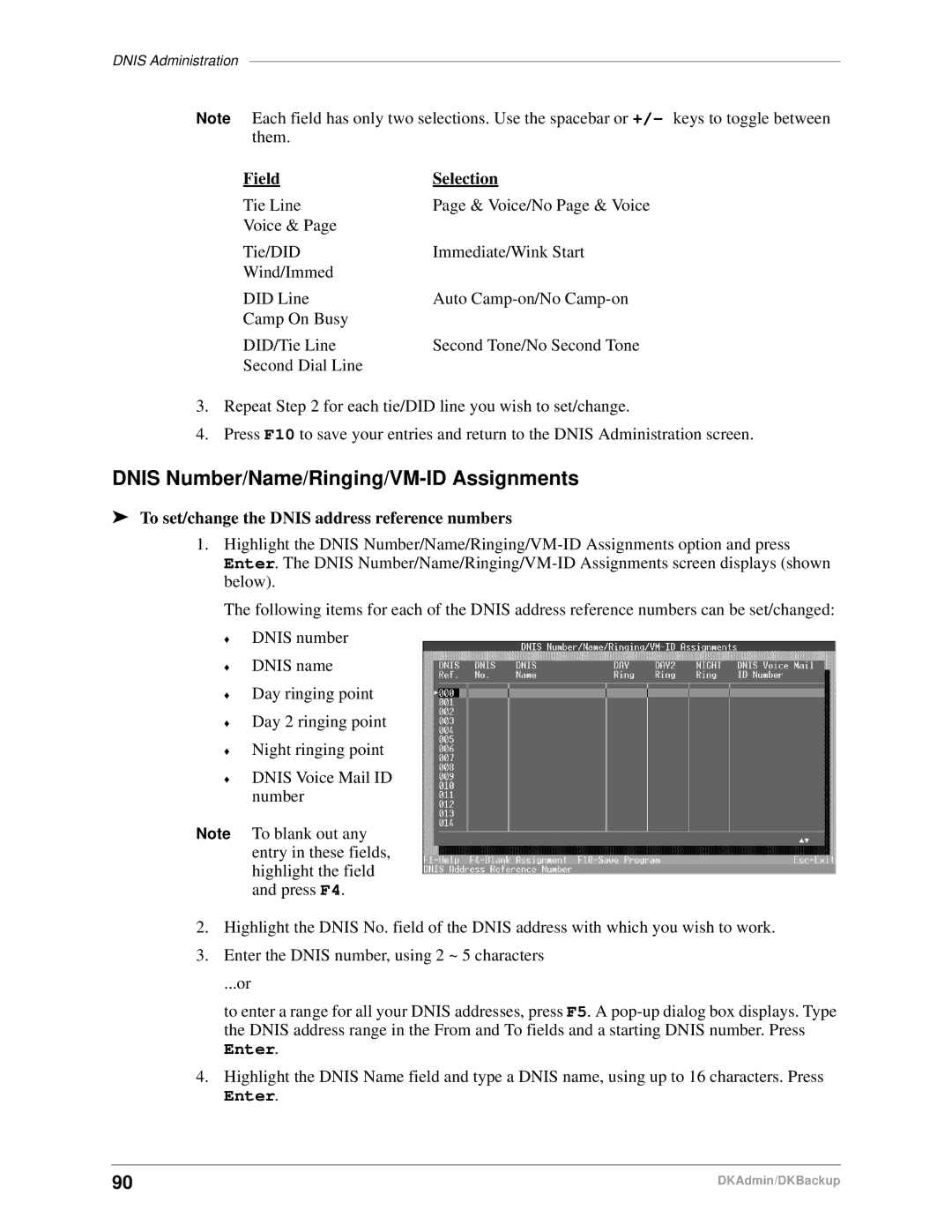 Toshiba DK Admin, DK Backup manual Dnis Number/Name/Ringing/VM-ID Assignments, Field Selection 