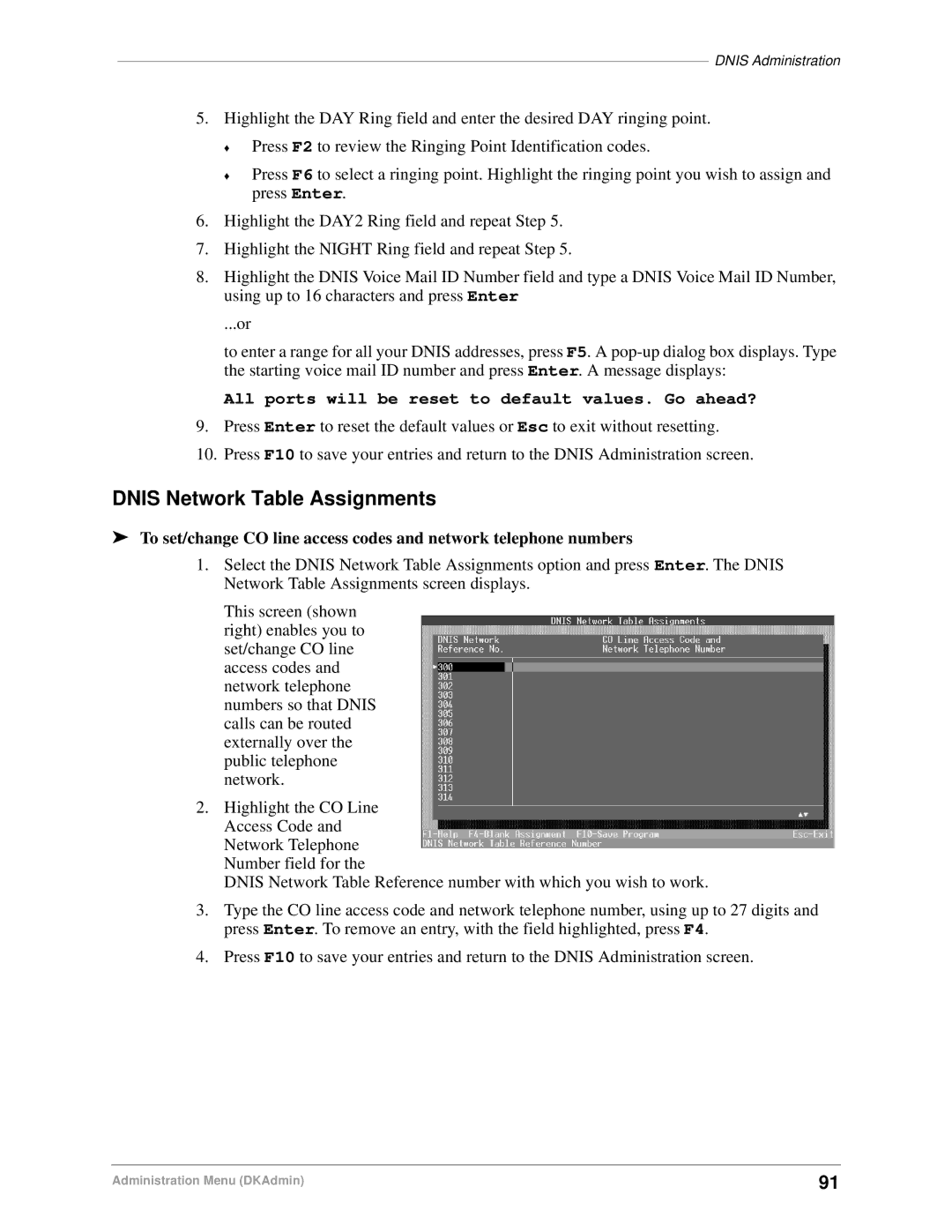 Toshiba DK Backup, DK Admin manual Dnis Network Table Assignments, All ports will be reset to default values. Go ahead? 