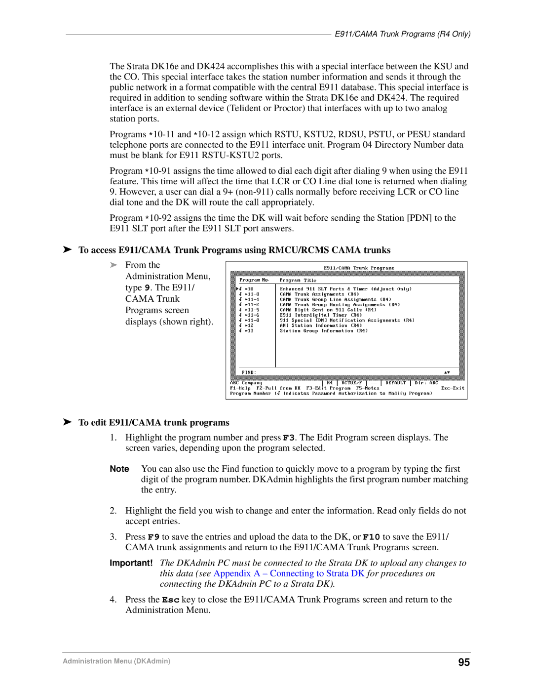 Toshiba DK Backup, DK Admin manual To edit E911/CAMA trunk programs 